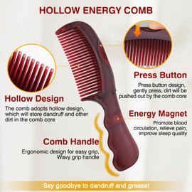 Dandruff Comb Scalp Oil Buildup Removal, Hair Care Detox Wide Hollow Tooth Button, Stainless Steel Fine Tooth, Scalp Comb for Dandruff Removal,3 PCS,Red