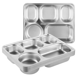 OMISTAR Stainless Steel Divided Plates (8 PCS), Rectangular 5 Sections Lunch Trays without Mixing Foods, 11 × 8.7 Inches Portion Control Plate for Adults, Kids, Campers, Picky Eaters, Easy to Clean