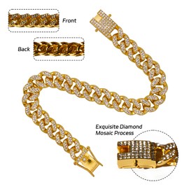 Dog Chain Diamond Collar 18K Gold Plated Walking Metal Chain 12 mm Wide Necklace with Secure Buckle Pet Cuban Style Collar Jewelry Accessories for Small Medium Large Dog Cats (10inch, Gold)