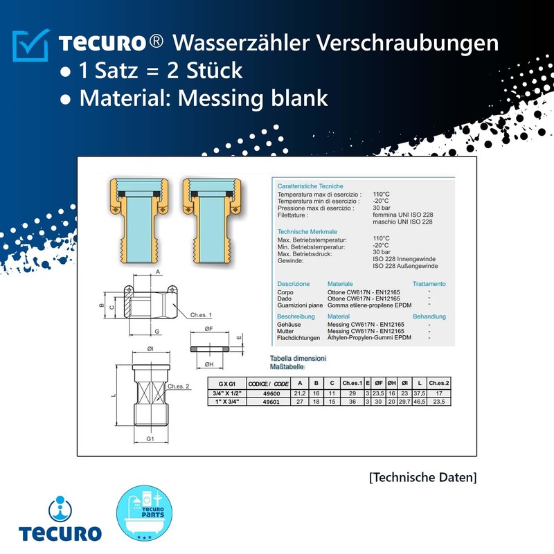 tecuro - 49600 Water Meter Screw Connections, 3/4 Inch Nut