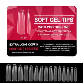600 Pcs Tips Soft gel OBP, Soft Gel Tips Para Uñas Diferentes Modelos Y Tamaños, DIY, Salón, Boda, Fiesta Extensión de uñas Uso (Extra Long Coffin, Transparente)