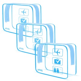 VYRL 3 Pack Clear Makeup Bag - Quart Size 3-1-1 TSA Approved Toiletry Bag with Zipper - Water-Resistant Durable PVC Clear Toiletry Bag for Carry-on Airport Travel Accessories - Blue