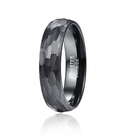 Vakki Hammered Ring Black Tungsten Rings Men's Ring Tungsten Carbide Black Ring Brushed Black 4/6/8 mm Size 49 to 70 (15.6-22.3), No Gemstone