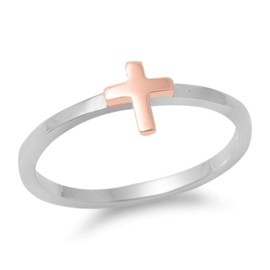North Arrow Shop Small Rose Gold Plated Cross, Sterling Silver Ring 925, Religious Theme (3)