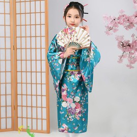 KRUIHAN Japanese Kimono Children, Traditional Japanese Style Yukata Dress for Girls, Children's Silky Satin Kimono Robe, Girls Cosplay Costumes, Party Dress, with Pleats Fan and Tabi Socks, Turquoise,