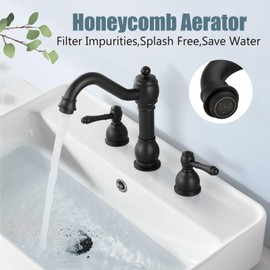 Aolemi Matte Black 8 Inch 3 Holes Widespread Bathroom Sink Faucet Doubel Lever Handle Vanity Basin Mixer Tap with Pop Up Drain Assembly Deck Mount