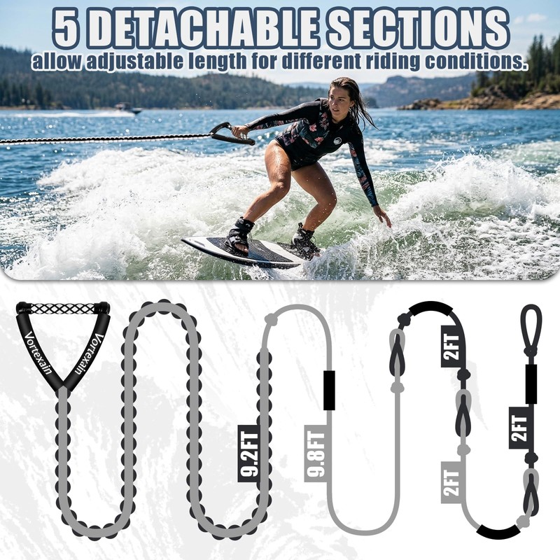 Vortexain Wakesurf Rope with Handle, 25ft 5-Section Adjustable Floating Water