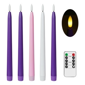 Stmarry Flameless Advent Candles, Set of 5 - Flickering LED Flame, 11 Inch Taper Candlesticks, Remote Controlled - 3 Purple, 1 Pink, 1 White for Christmas Wreath