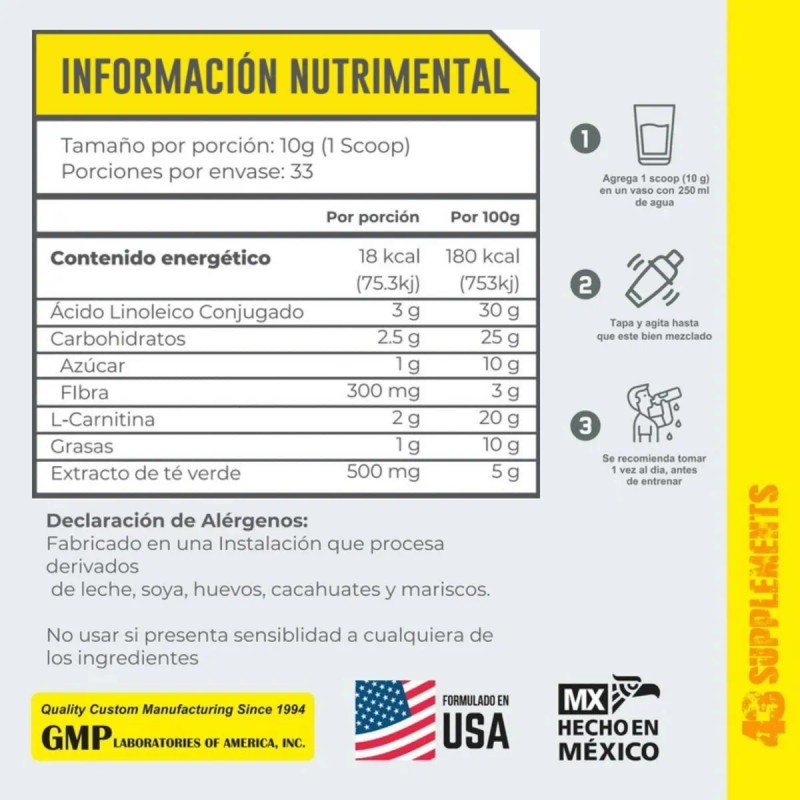 Suplemento Cla + Carnitina 333gr 33 Servicios 43 Supplements