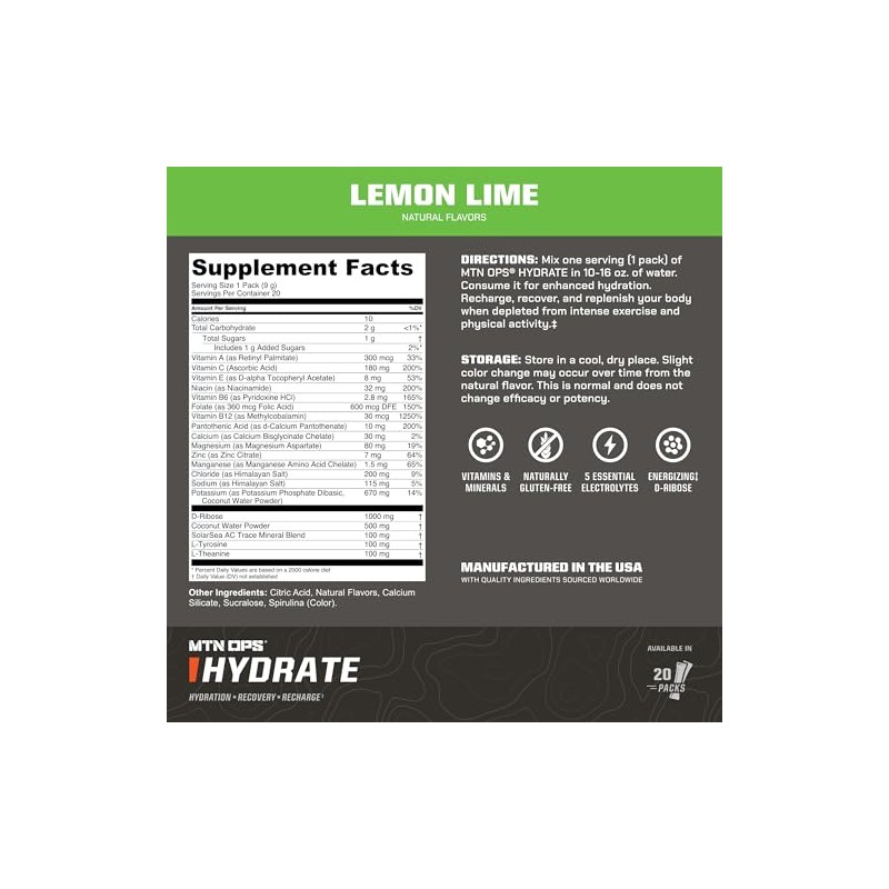 MTN OPS Bebida en polvo Hydrate Electrolytes, 20 sobres individuales