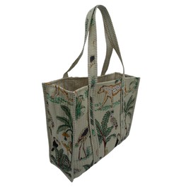 Mango Paisley Women's Unique Quilted Large Cotton Fabric Tote Bag Travel Grocery Shopping Weekend Trips with Inside Pocket - Tropical Safari (Off-White)