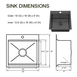 IKEBANA Black Bar Sink 18x18 drop in kitchen sink, Topmount RV Wet Bar Sink 18 inch, Stainless Steel Deep Single Bowl Small Kitchen Sinks with Workstation