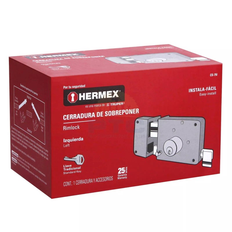 Hermex CS-75I Left rim lock installs-easy, traditional, box