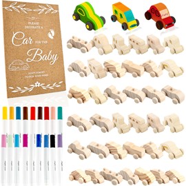 Feradny 42 Pcs Baby Shower Decorate a Block Game Wood DIY Car Toy Set Includes 40 Unfinished Wooden Car Crafts Painting with 18 Colors Painting Markers (Color Style 1)