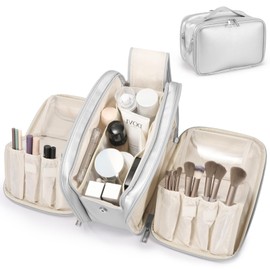 Travel Makeup Bag Women's Large Capacity Cosmetic Portable Organizer Large Opening Waterproof Storage Toiletry Bags Vertical Free-Standing Brush Holder for Easy Access Silver