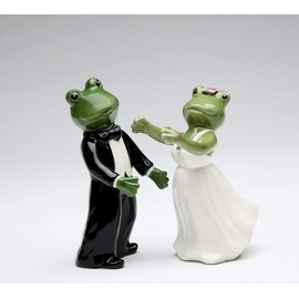 Fine Ceramic Wedding First Dance Frog Couple in Tuxedo & White Gown Salt and Pepper Shakers Set, 4-1/8" H