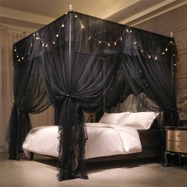 VETHIN 4 Corners Post Ruffle Princess Bed Canopy Curtain-Double Layer Cozy Drape Netting 4 Opening Mosquito Net for Girls Adults Bedroom Decoration (Double-Black, 53" W*78" L*82"*H/(Full))