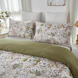 Softta Vintage Flower Bedding Set Full Size Elegant 3Pcs Duvet Cover Set Shabby Flower Pattern Boho Modern Girls Bedding Collection 100% Cotton Green
