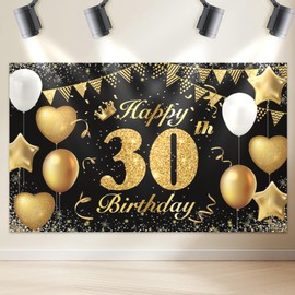 Happy 30th Birthday Banner 30th Photo Backdrop Black Gold Birthday Party Background Supplies Backdrop Props, Birthday Decorations for Men and Women 30th Backdrop Banner Photo Booth Sign 180×110cm
