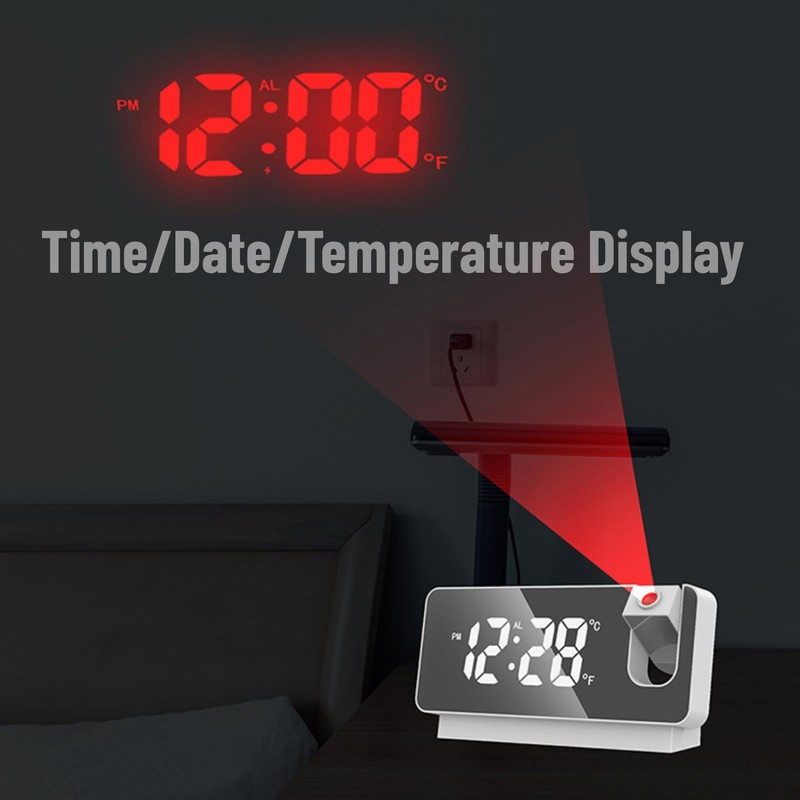 Projection Alarm Clock, 7.3 inch Digital Clock with 180°Projector, USB