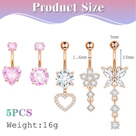 Yamobi 5 Piece Belly Button Piercing Set, Gold Titanium Belly Button Rings with Cubic Zirconia, Heart and Butterfly Design, Belly Button Jewellery in Various Styles, multicoloured