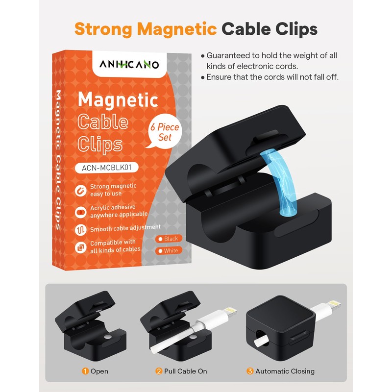 6 Pack Magnetic Cable Clips+2 Sheets (20 Lables) Cute Self-Adhesive