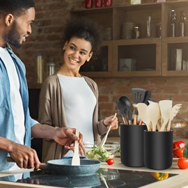 YKDGBRE 2 Pcs Kitchen Ceramic Utensil Holder for Countertop, Utensil Crocks Plant Vase Spoon Spatula Holder Modern Cooking Utensils Holder (Black)