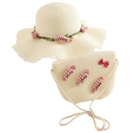 YCFAIIKG Straw Hat and Small Bag Set, Girls' Visor Sun Hat Shoulder Bag, Children's Beach Hat with Candy Decoration, Summer Hat Shoulder Bags for Beach Sea Outdoor Activities (Milky White), milky