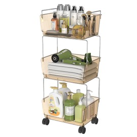 FOLLOWIN 3-Tier Rolling Utility Cart,Plastic Storage Cart with Wheels,Movable Storage Cart Organizer for Living Room,Kitchen,Bathroom,Pantry,Nursery,Amber