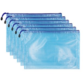 scicent A5 Plastic Wallets Mesh Zipper Pouch with Label Pocket (Pack of 6) Zip Lock Document Folder File Storage Bags for Office, School, Travel Blue 602A5