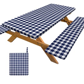 pickyNproud Picnic Table Cover with Bench Covers Portable Table Cloth Built-in Storage Pocket Picnic Table Covers with Elastic Waterproof Camping Essentials for RV Camping