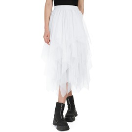 Monbessi Tulle Skirt for Women - Elasticated Waist Midi Skirt with Irregular Net Mesh for Daily, Prom, Party(White)