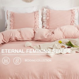 Wotcsil Pink Ruffle Bedding Set for Women Girls Ruffled King Duvet Cover Set Plain Duvet Cover Shabby Chic Retro Double-Layer Frill Edge Design with Pillowcase