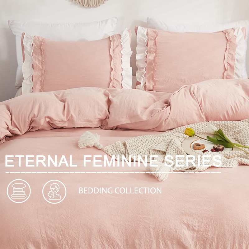 Wotcsil Pink Ruffle Bedding Set for Women Girls Ruffled King