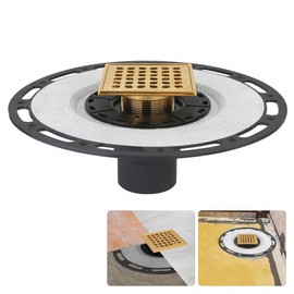 Square Shower Drain, 4-Inch Polished Gold Kit with Bonding Flange, Removable Stainless Steel Grate, Drain Key & Hair Strainer, Fits 2" & 3" Pipes for Tiled Floors