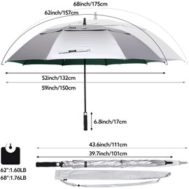 G4Free 68 Inch UV Protection Golf Umbrella Auto Open Vented Double Canopy Oversize Extra Large Windproof Sun Rain Umbrellas (Silver/Green)