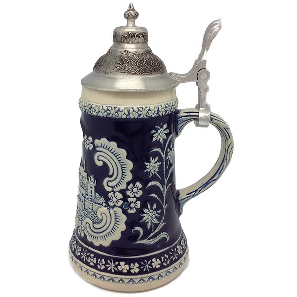 Beer Stein Engraved Bavarian German Castle Lidded Beer Mug by