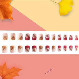 Maple Leaves Press on Nails Short Square Thanksgiving False Nails With Gold Glitter Powder Design Fall French Acrylic Full Cover Glossy Coffin Glue on for Women Autumn Festival