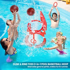 SpringFlower Pool Basketball Hoop with Backboard, Floating Basketball Pool Hoop,Kids & Adults Swimming Pool Game with Ring Toss, 2 Pcs Balls and Pump, Red