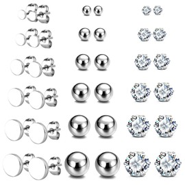 JewelrieShop Earrings Studs Set for Women Stainless Steel CZ Ball Faux Pearl Hoop Hypoallergenic Silver Multiple Ear Stud Earing for Men, Stainless Steel