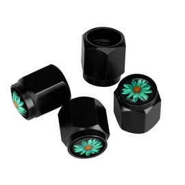 Muishi Turquoise Sunflower Tire Valve Stem Caps, Aluminum Black Stem Tire Valve Caps Universal Stem Covers for Cars, SUVs, Trucks, Bikes, Motorcycles, Bicycles (4 Pack)