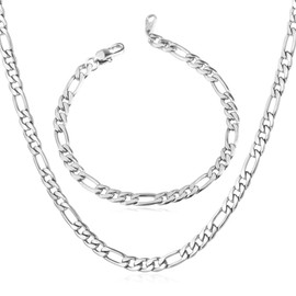 U7 5mm Stainless Steel Figaro Chain Italian Style Jewelry Set (Bracelet 8.3 Inch, Necklace 18")