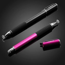 MEKO(2 Pcs)[2 in 1 Precision Series] Disc Stylus/Styli for All Touch Screen Devices Bundle with 4 Replaceable Disc Tips, 2 Replaceable Fiber Tips - (Black/Pink)