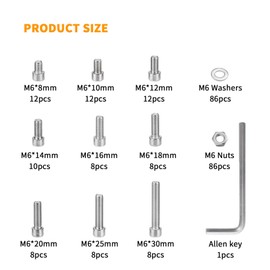 258 Pcs M6 Screws and Nuts, Hex Socket Head Cap Screws Nuts and Bolts Washers Kit, Stainless Steel Bolts and Nuts Kit, Metric Assorted Machine Screws Assortment Kit, Fully Threaded Bolt and Nut Set