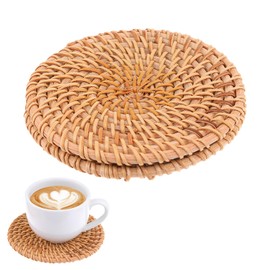 2 PCS Handmade Braided Drink Coasters Rattan Coasters 3.93In Natural Wicker Boho Coaster Set Round Straw Trivet for Coffee Table Home Decor Protecting Table