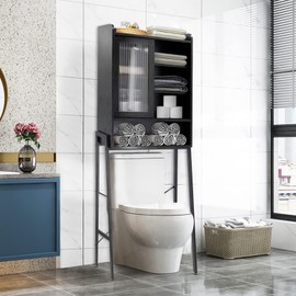 SUNTAGE Over Toilet Storage Cabinet for Bathroom, Over Toilet Shelf Organizer, Freestanding Space Saver with Adjustable Shelves, Wide Open Shelf, Acrylic Sliding Door, Metal Frame, Black