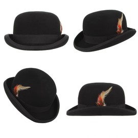 EOZY Mens 100% Wool Black Derby Hat with Removable Feather Satin Lined Roll Brim Bowler Hat