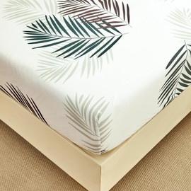 Fitted Sheet 200 x 220 cm - Tropical Palm Leaves Pattern - Fitted Sheet up to 30 cm Mattress Height - Flat Sheet Soft Polyester Microfibre White