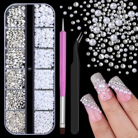 1000pcs Glass Rhinestones & Resin Half Round Pearls Kit, 1.4-4mm Clear White Glass Rhinestones, 1.5-5mm White Flatback Pearls with Tweezers and Brush for Crafts DIY, Face Makeup Gems Jewels (13-K1)