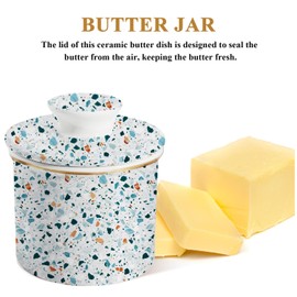 LEAZUL Ceramic Butter Dish With Light Blue Terrazzo Marble Print,Cute French Butter Crock for Counter With Water Line Butter Container Keeper Storage Fresh Spreadable Butter with Lid for Home Décor